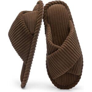 ⚡Women Brown Cotton Memory Foam Bedroom Corduroy Crossbands Open Toe Shoes